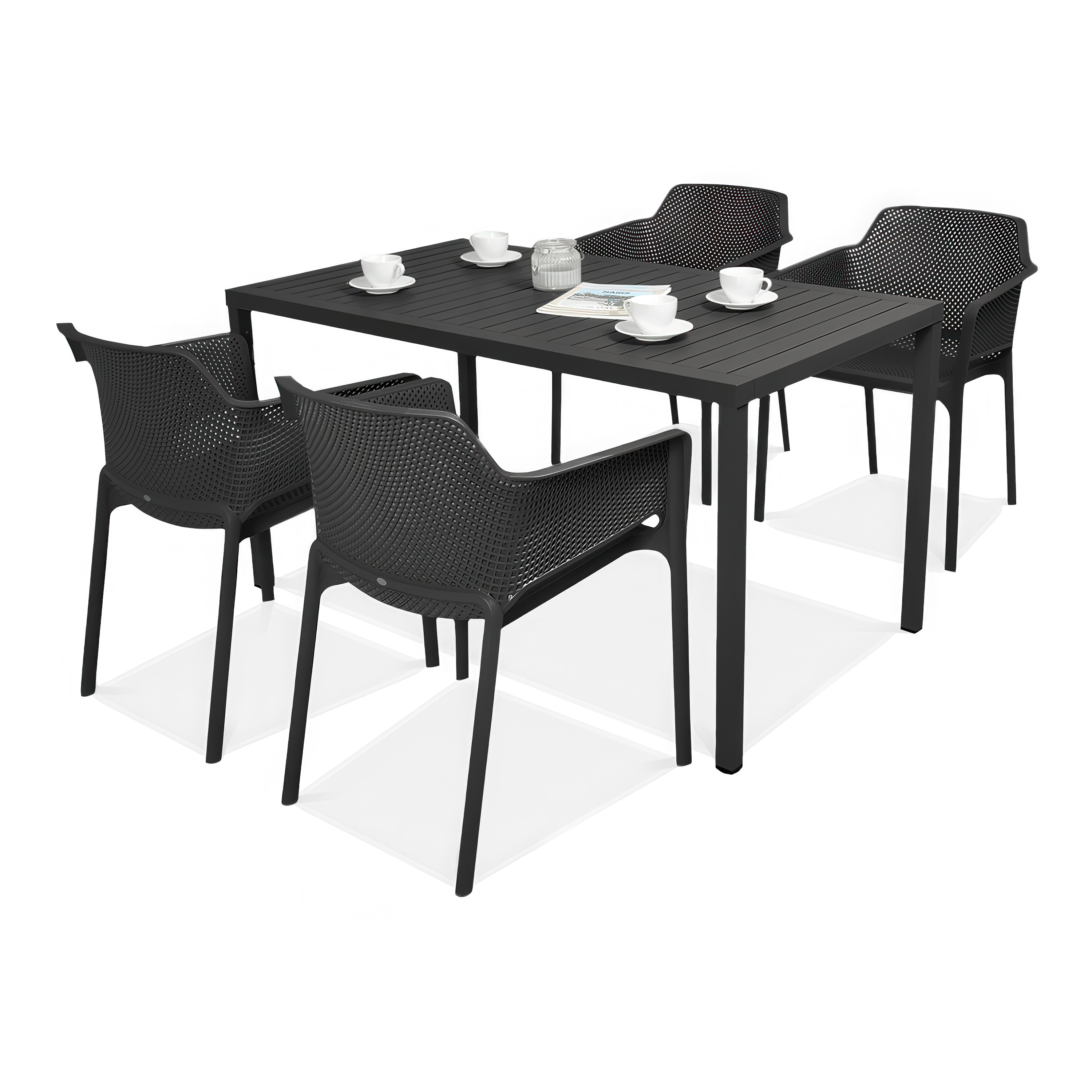 komplet czarnych krzeseł i stołu, przeznaczony do ogrodu lub na taras