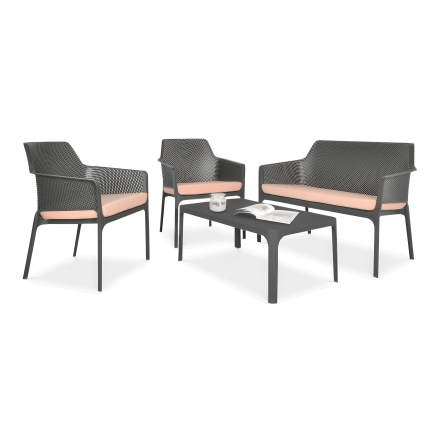 komplet mebli ogrodowych czarnych: sofa, dwa fotele i stolik kawowy