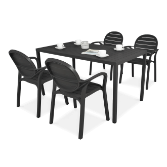 czarny komplet mebli ogrodowych z czterema krzesłami i prostokątnym stołem