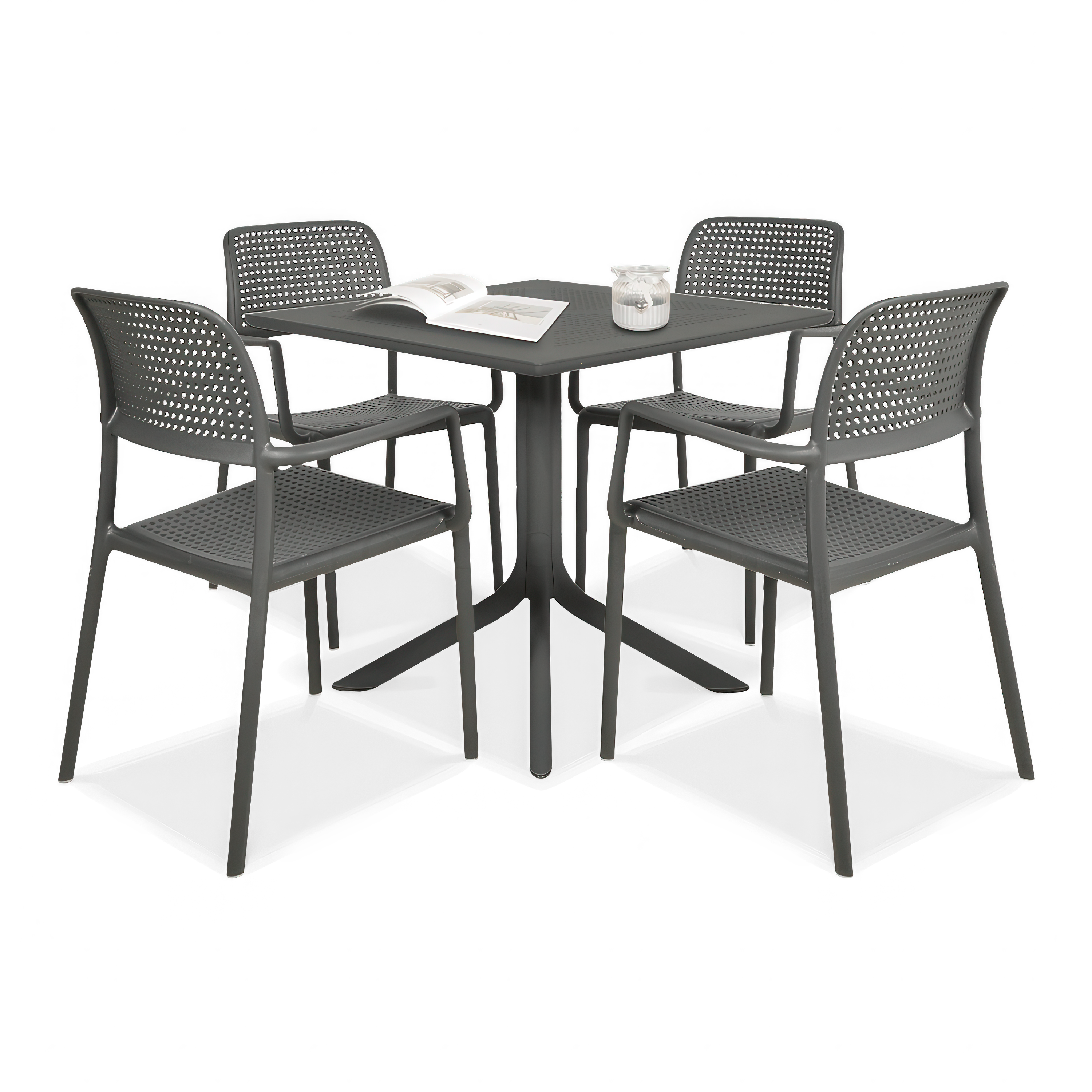 zestaw czarnych mebli jadalnianych z czterema krzesłami i stolikiem