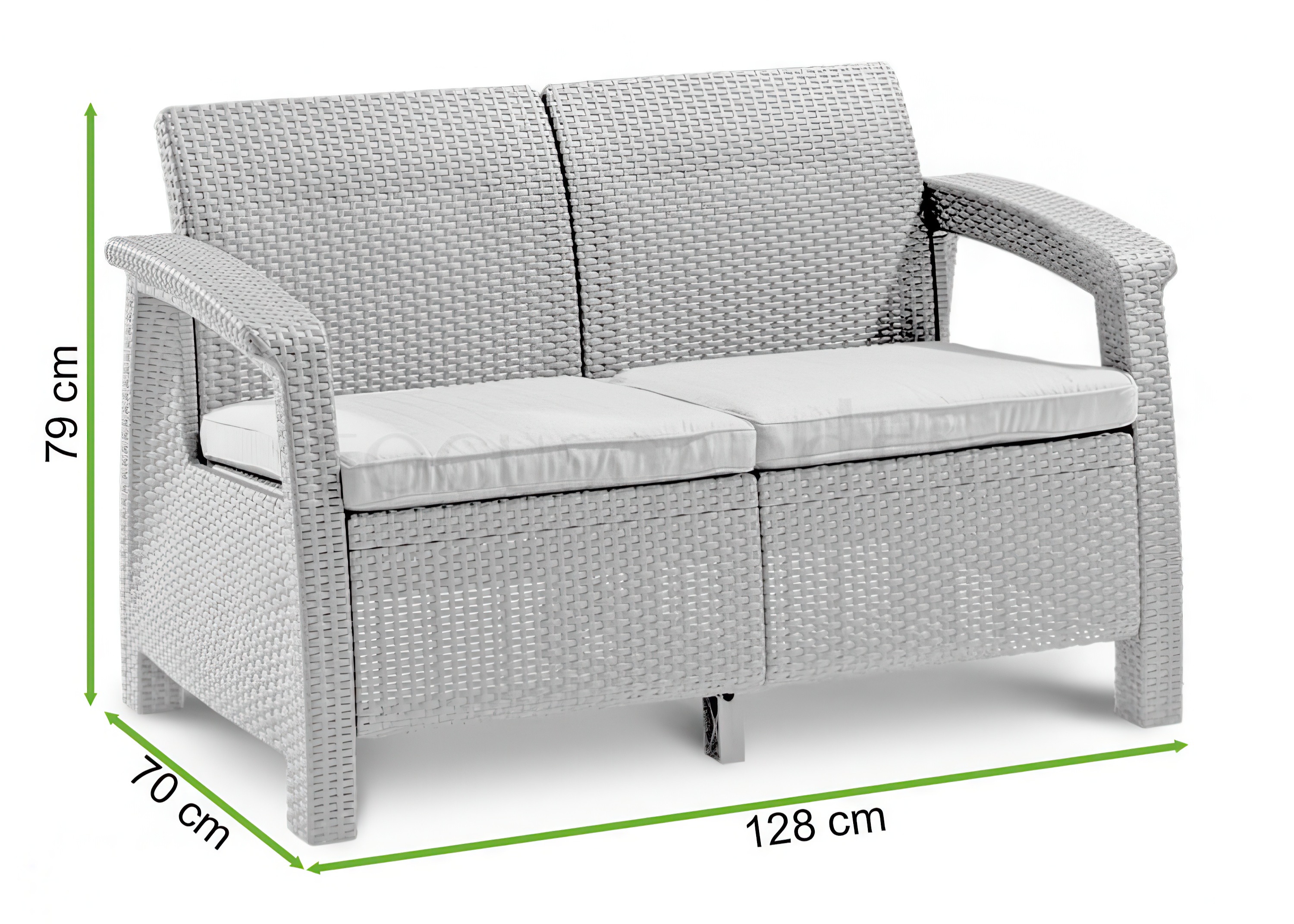 Rysunek z wymiarami sofy ogrodowej CORFU LVOE SEAT cappuccino 128x70x79cm