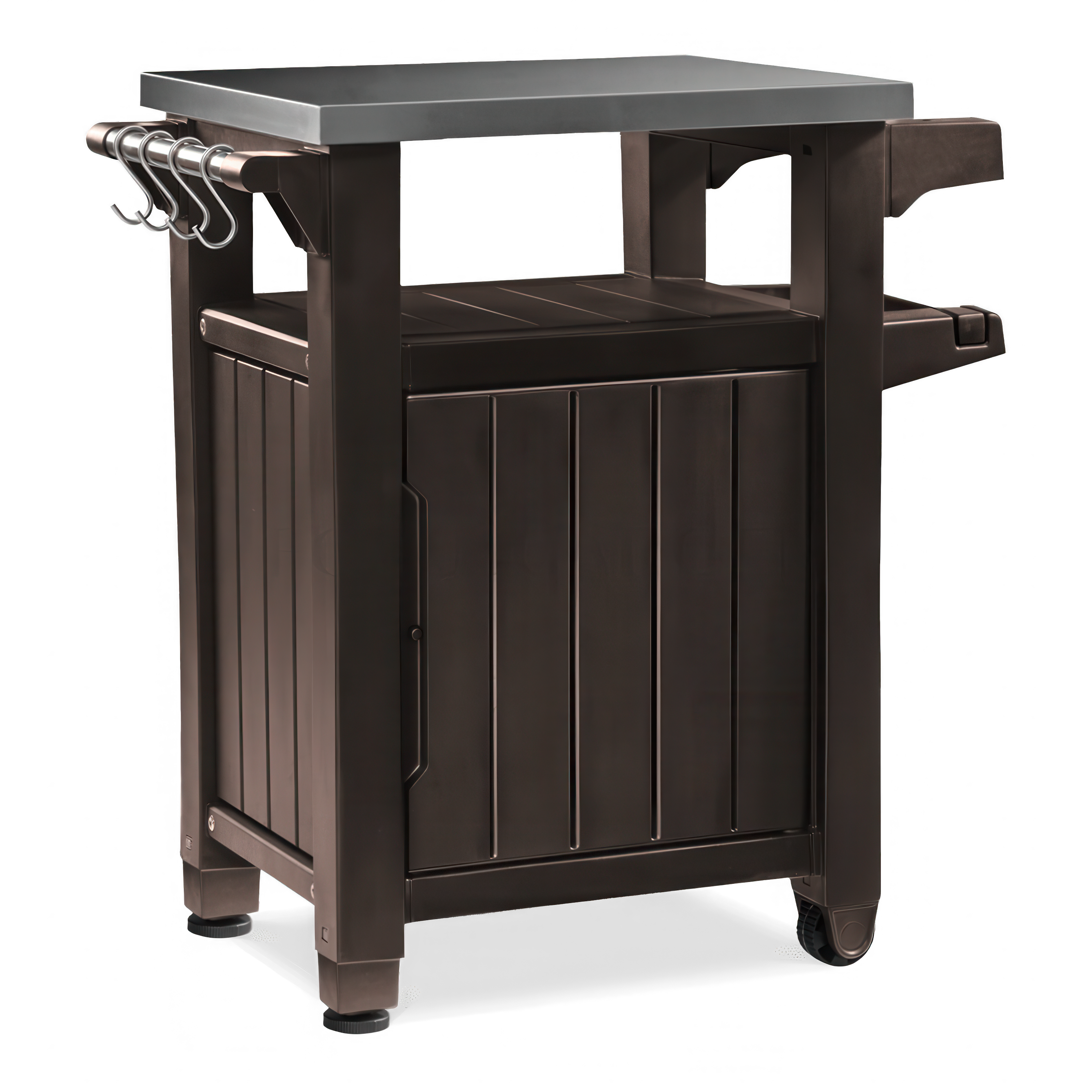 brązowy schowek ogrodowy w kształcie małego barku