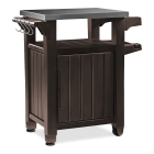 brązowy schowek ogrodowy w kształcie małego barku