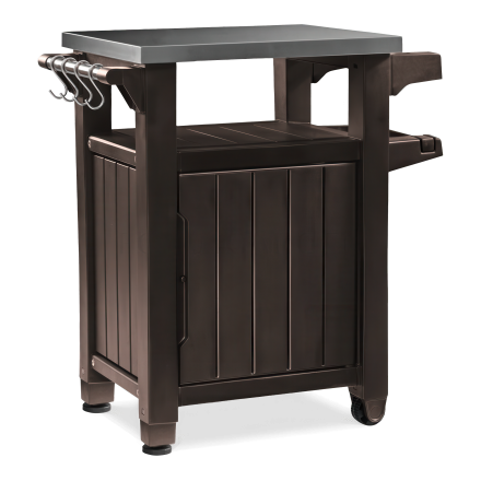 brązowy schowek ogrodowy w kształcie małego barku