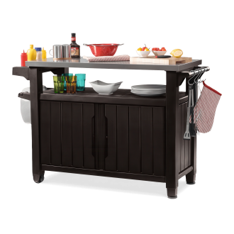 barek, schowek ogrodowy z przedmiotami do jedzenia oraz dodatkami