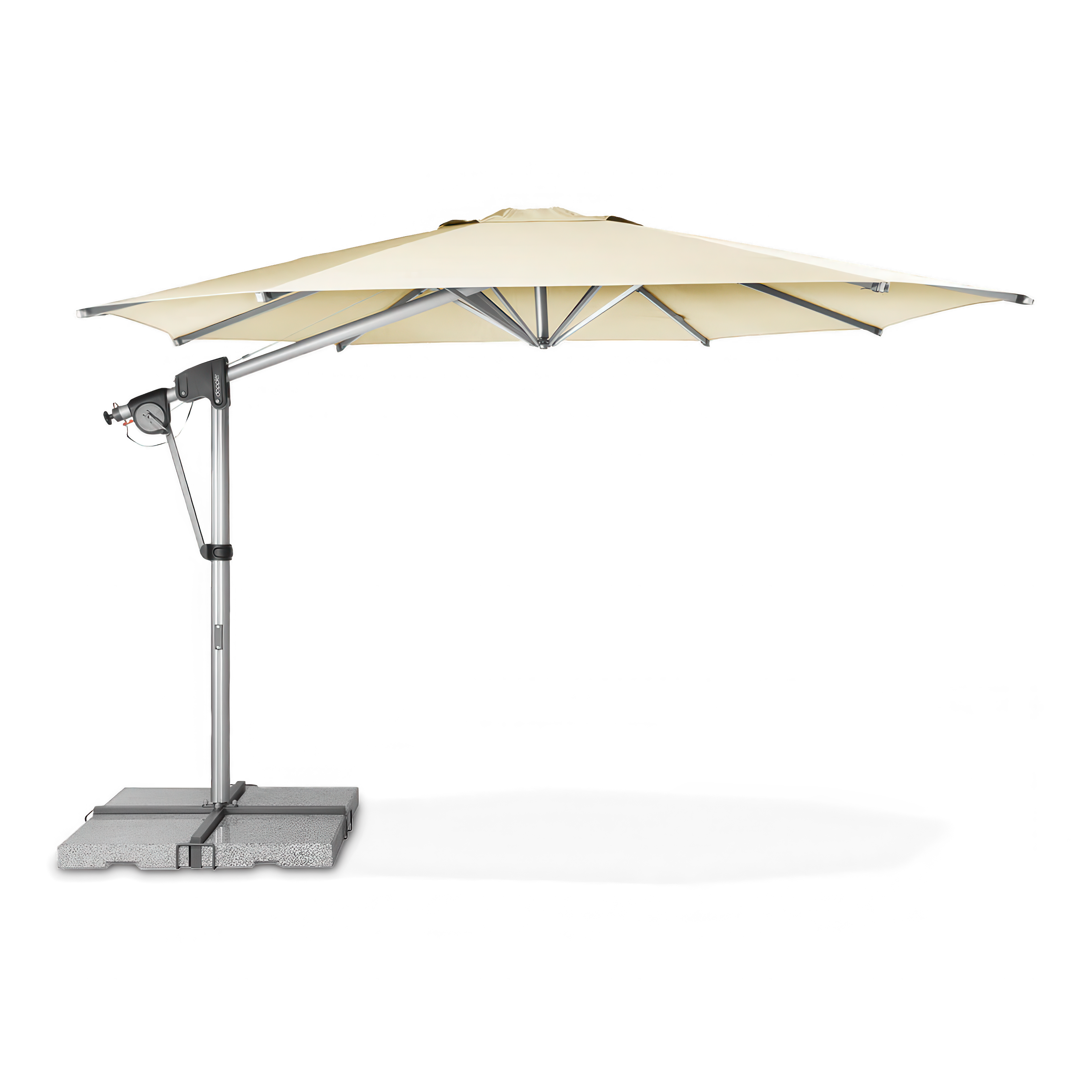 beżowy parasol ogrodowy na granitowej podstawie