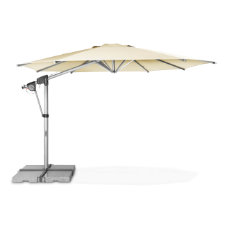 beżowy parasol ogrodowy na granitowej podstawie