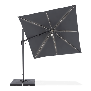 czarny parasol na taras z czarną podstawą i wysięgnikiem