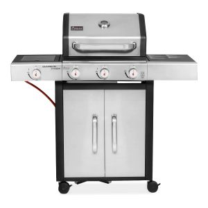 srebrny grill ogrodowy na gaz na kółkach