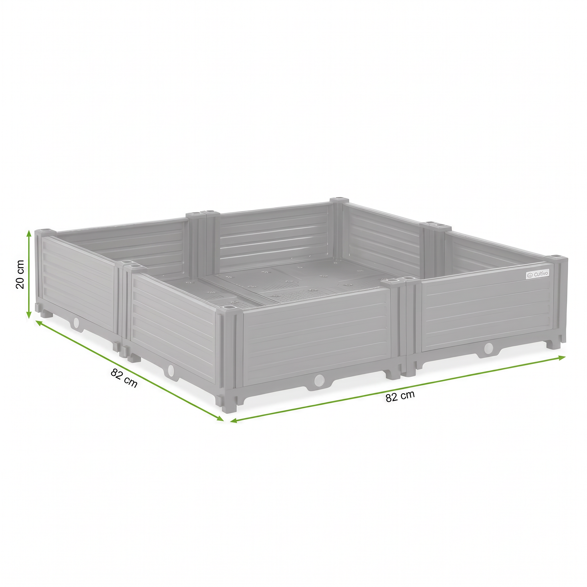 Grafika z wymiarami produktu skrzynia uprawowa GROW CUBE L 82x82x17cm CULTIVO w odcieniach szarości