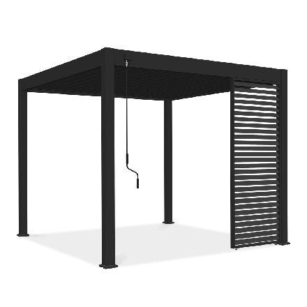 pojedynczy antracytowy panel żaluzjowy poziomy przymocowany do pergoli