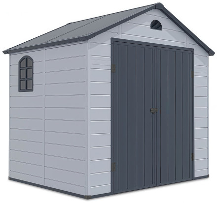 Domek narzędziowy do ogrodu Vermont 242x192 cm, widok na bok domku, ściana z oknem