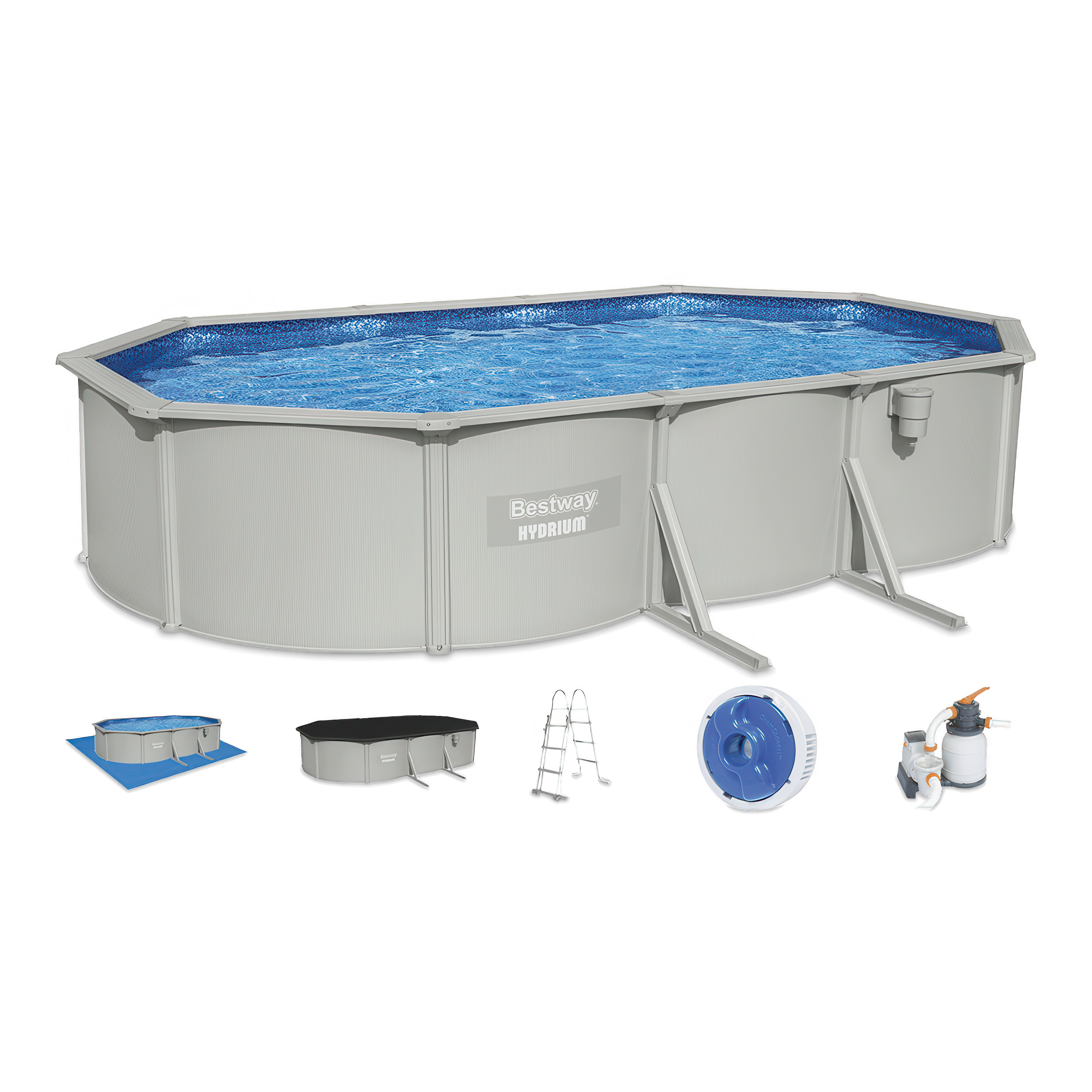 basen naziemny hydrium ze stalową ścianą w zestawie z pokryciem, podkładem, drabiną, dozownikiem i pompą 