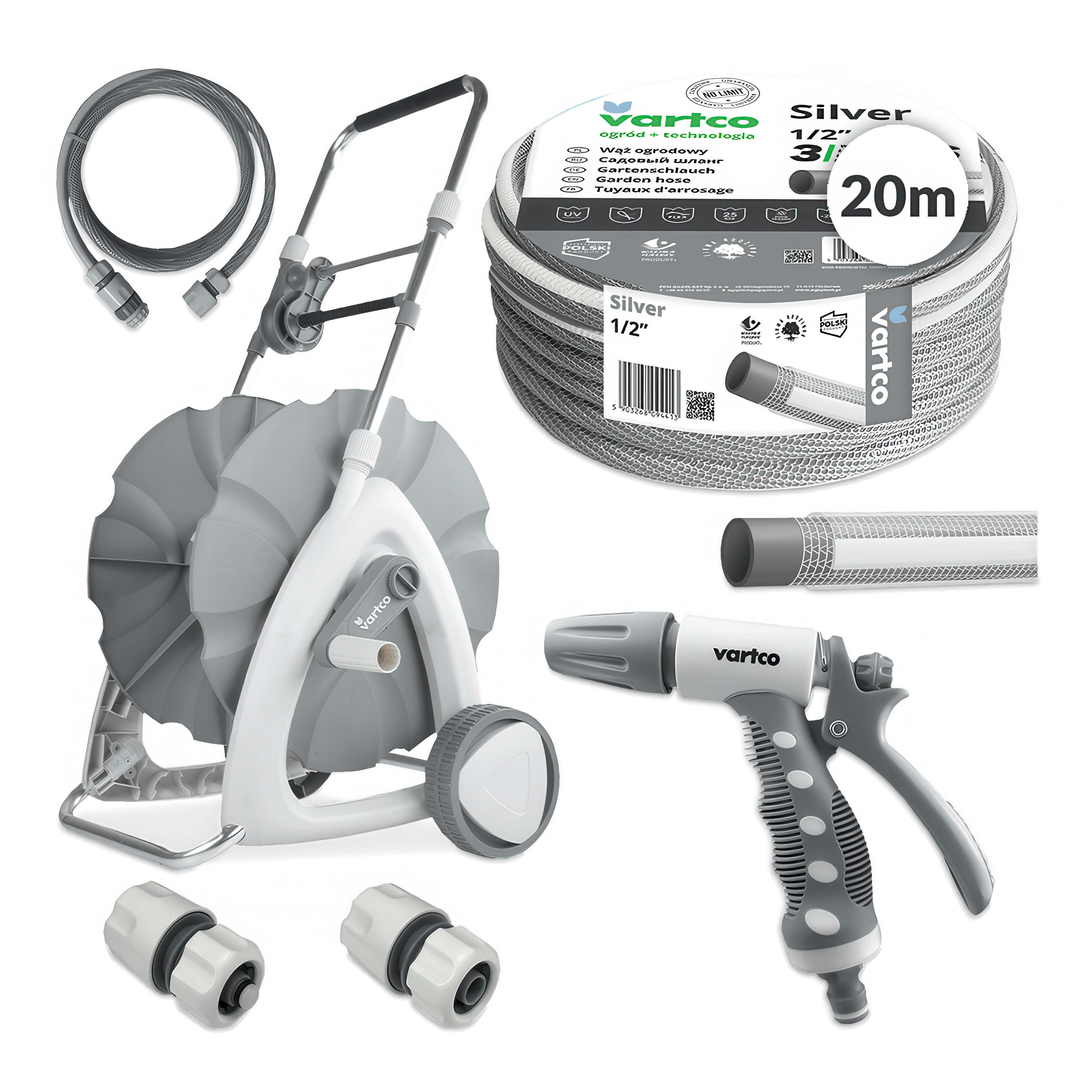 zestaw do nawadniania z końcówkami do podlewania, wózkiem i wężem od agaplast