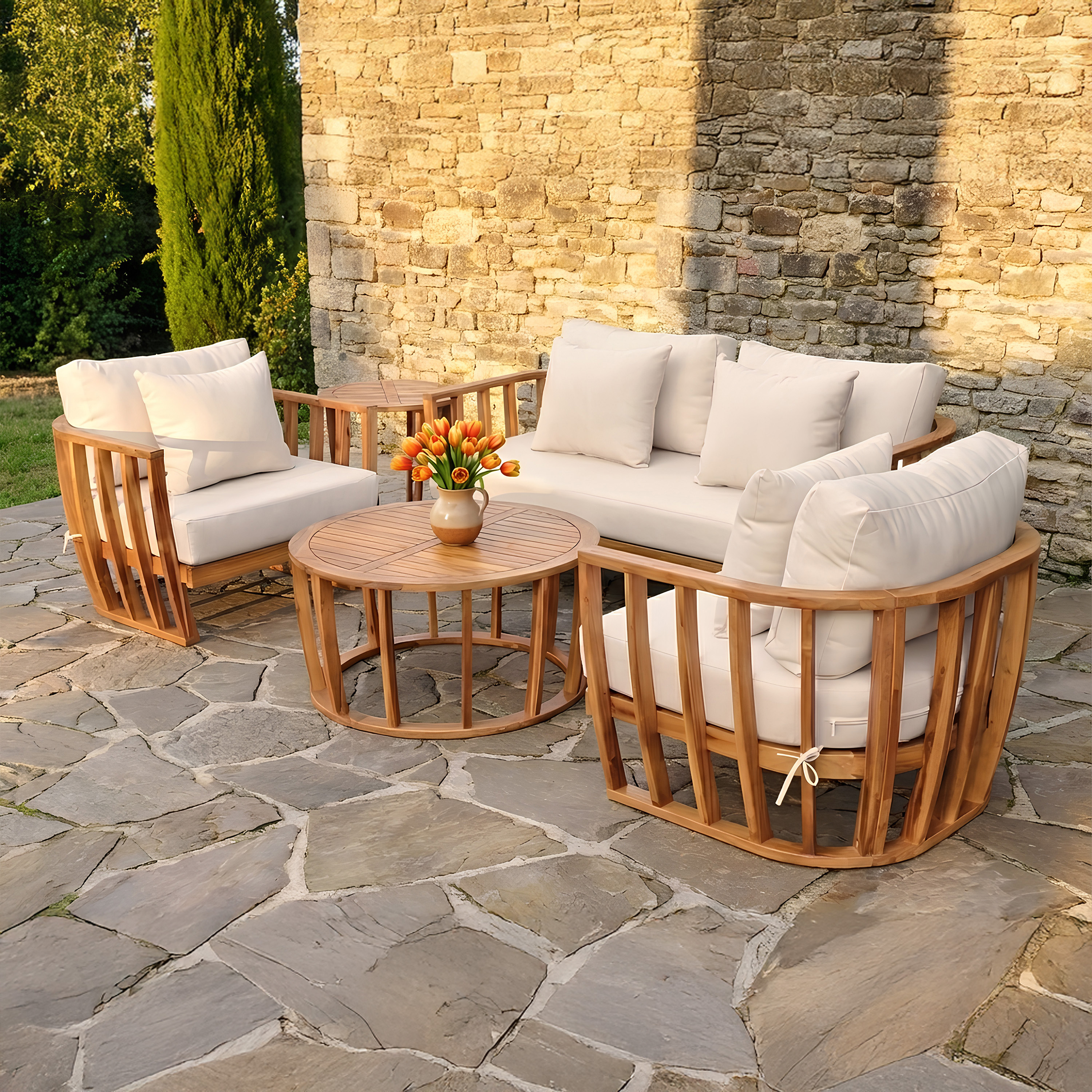 Drewniany komplet mebli z akacji na tarasie NUVIA CAFFE  ACACIA WOOD - BJORKKA