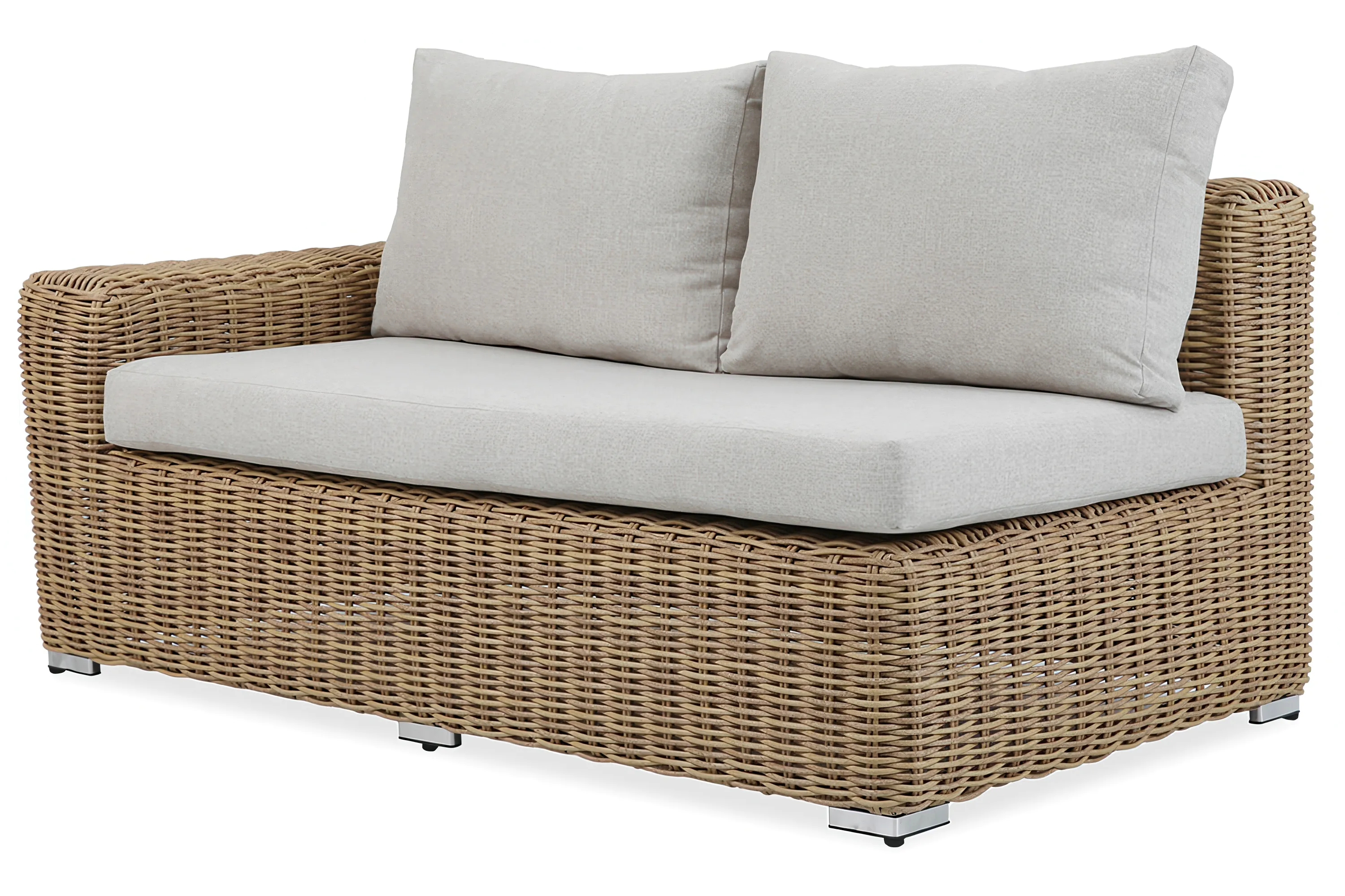 dwuosobowa sofa z podłokietnikiem po lewej stronie wykonana z plecionki technorattanowej
