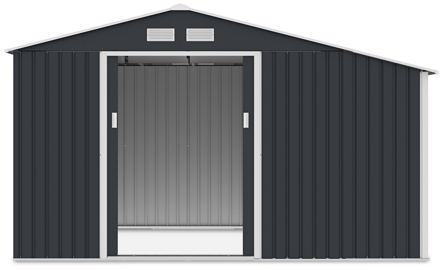 Widok na prz&oacute;d i wnętrze domku narzędziowego MADISON 342x191cm Cold Grey