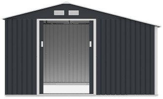 Widok na prz&oacute;d i wnętrze domku narzędziowego MADISON 342x191cm Cold Grey