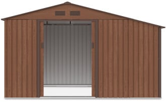 Widok na przód i wnętrze domku narzędziowego MADISON 342x191cm Walnut