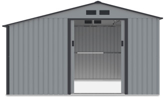 Widok na przód i wnętrze domku narzędziowego MADISON 342x255cm Light Grey