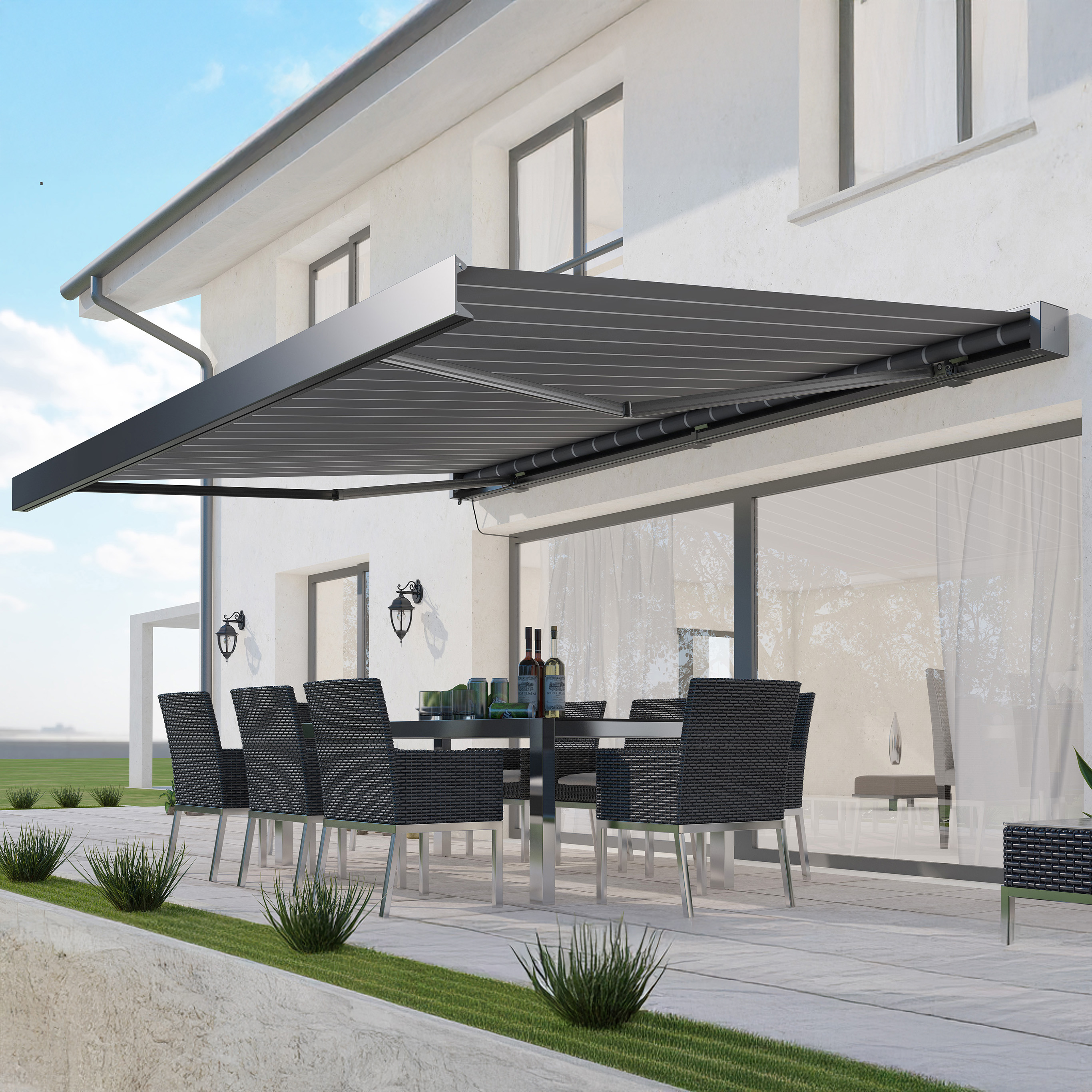 Markiza na taras PRIME AUTOMATIC 450x300 GREY/WHITE z oświetleniem LED i czujnikiem - Gutroof