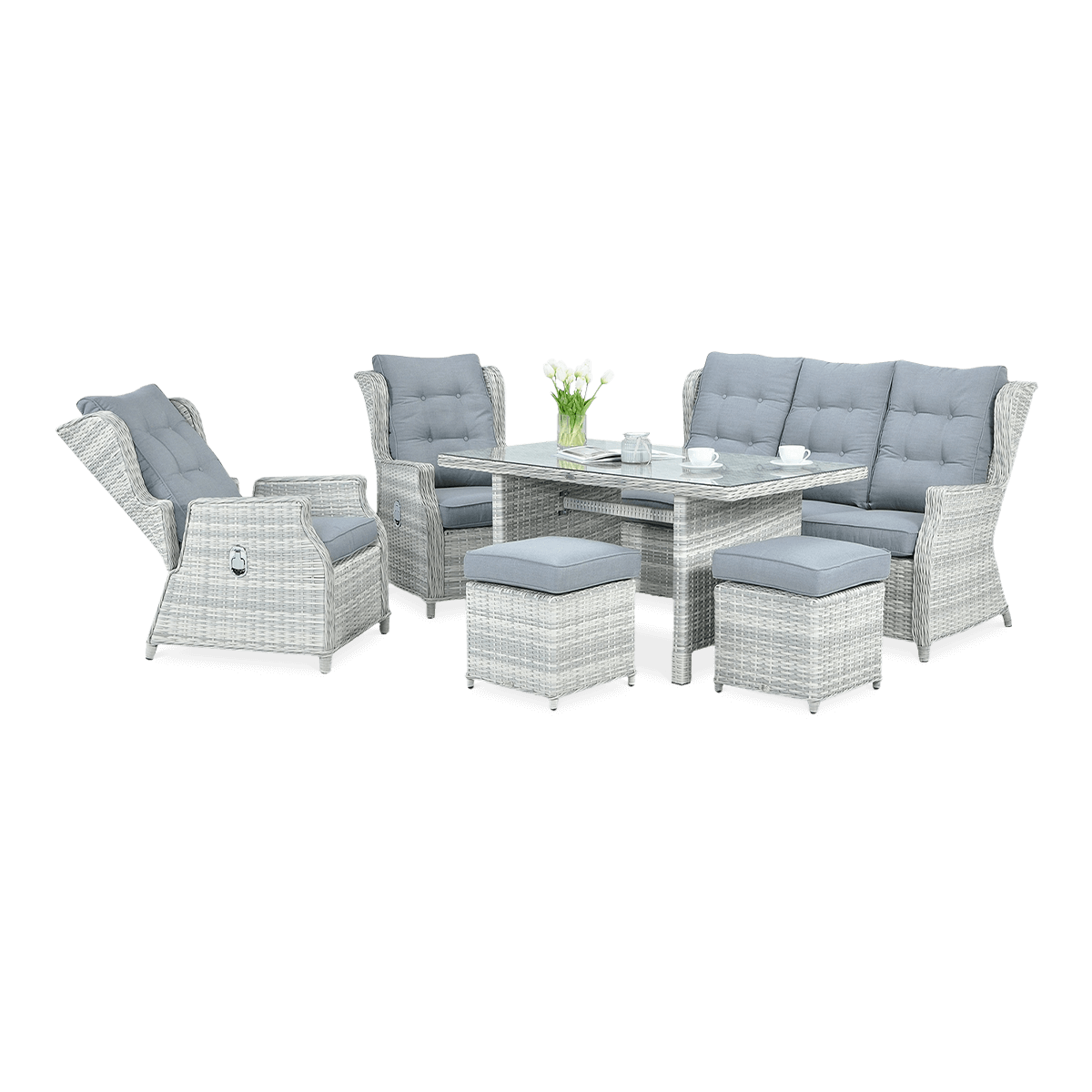 Meble technorattanowe BALTIMORE DINING + PUFY w kolorze White Grey