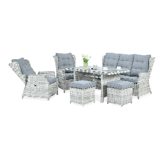 Meble technorattanowe BALTIMORE DINING + PUFY w kolorze White Grey