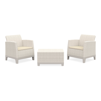 Meble balkonowe Scandi Forma Keter w kolorze Pebble Grey-Soft Beige z dwoma fotelami i stolikiem