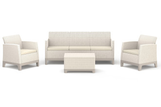 Zestaw mebli ogrodowych Keter Scandi Forma z sofą dwuosobową, dwoma fotelami i pufą w kolorze Pebble Grey-Soft Beige