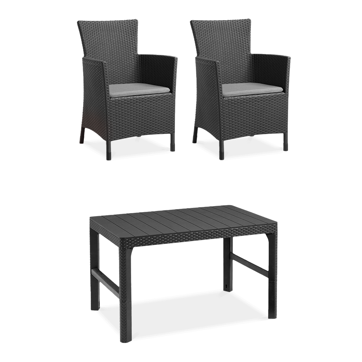 zestaw mebli ogrodowych na balkon IOWA/LYON 2+1 w kolorze grafitowym, zestaw wykonany z polipropylenu o strukturze przypominającej rattan