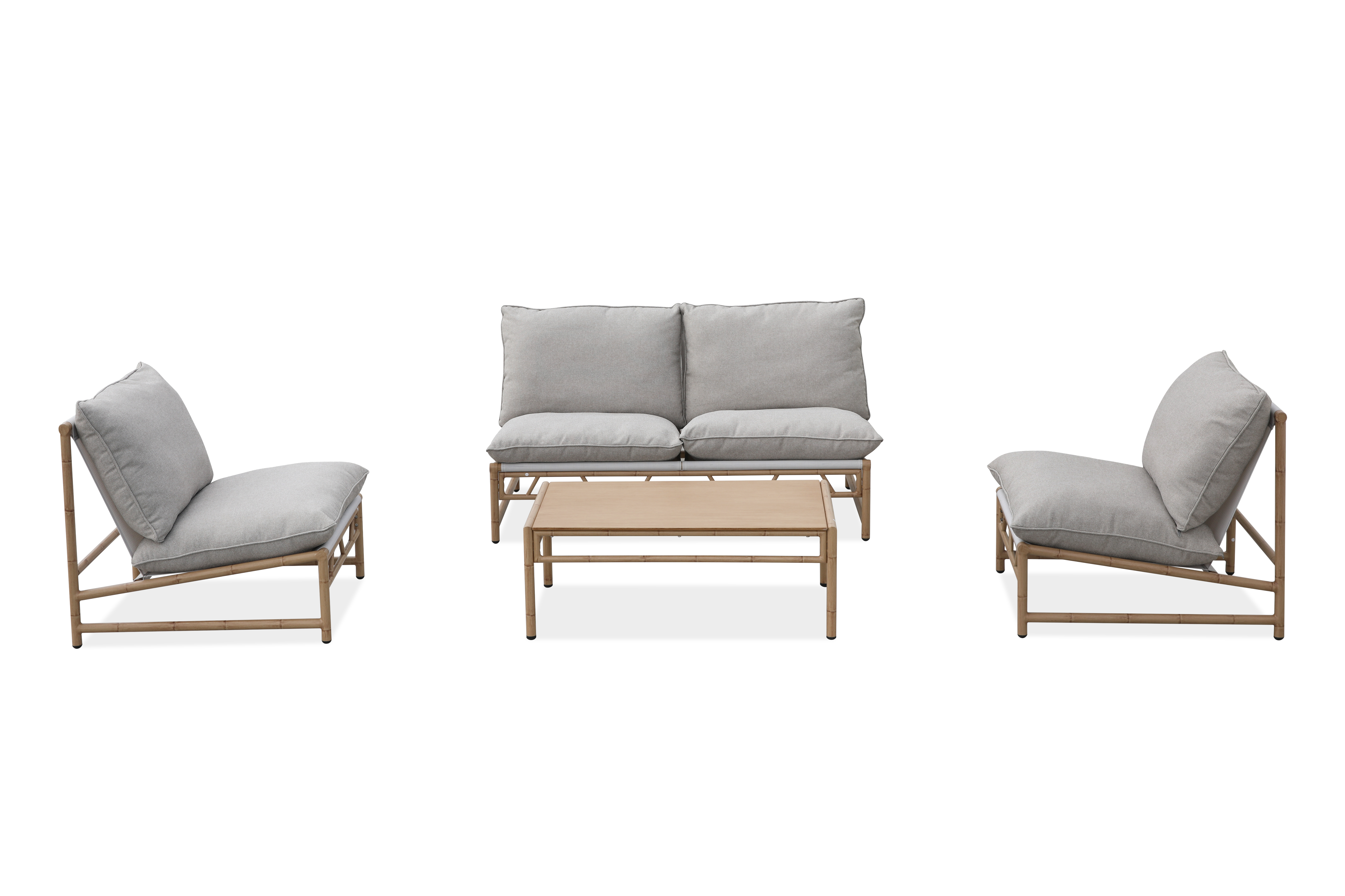 Zestaw ogrodowy MAKANI CAFFE Grey/Beige od Bj&oslash;rkka składający się z dwuosobowej sofy, dw&oacute;ch foteli i stolika kawowego