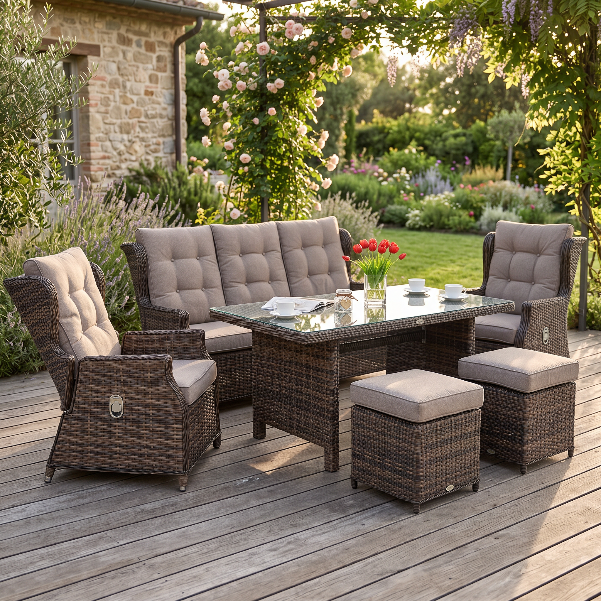 Meble technorattanowe BALTIMORE DINING + PUFY Brown — aranżacja