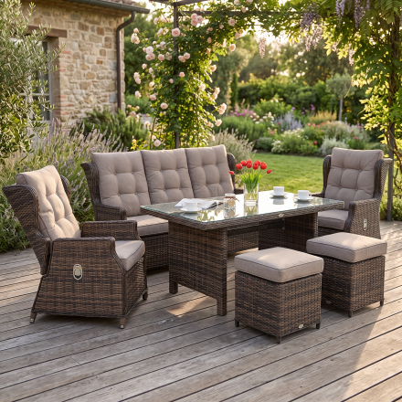 Meble technorattanowe BALTIMORE DINING + PUFY Brown — aranżacja