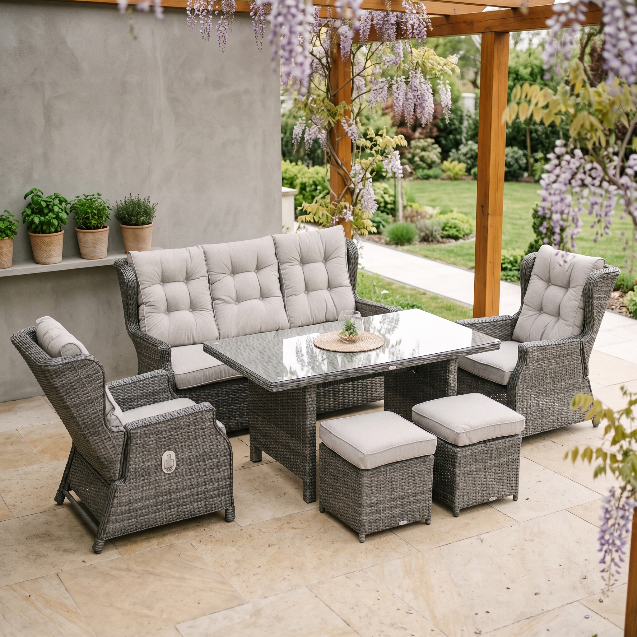 Meble technorattanowe BALTIMORE DINING + PUFY Dark Grey &mdash; aranżacja
