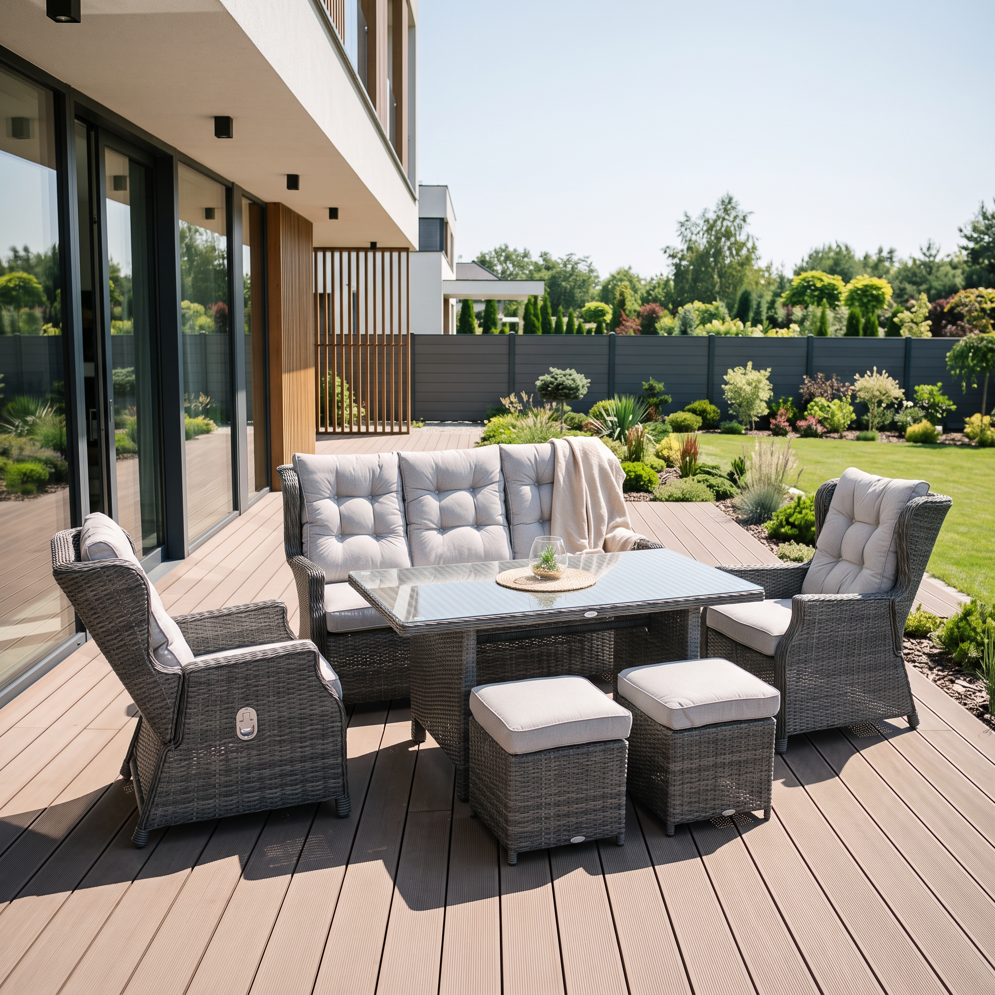 Meble technorattanowe BALTIMORE DINING + PUFY Dark Grey — aranżacja