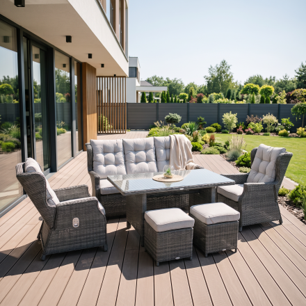 Meble technorattanowe BALTIMORE DINING + PUFY Dark Grey — aranżacja