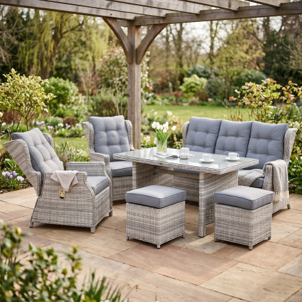 Meble technorattanowe BALTIMORE DINING + PUFY White Grey — aranżacja