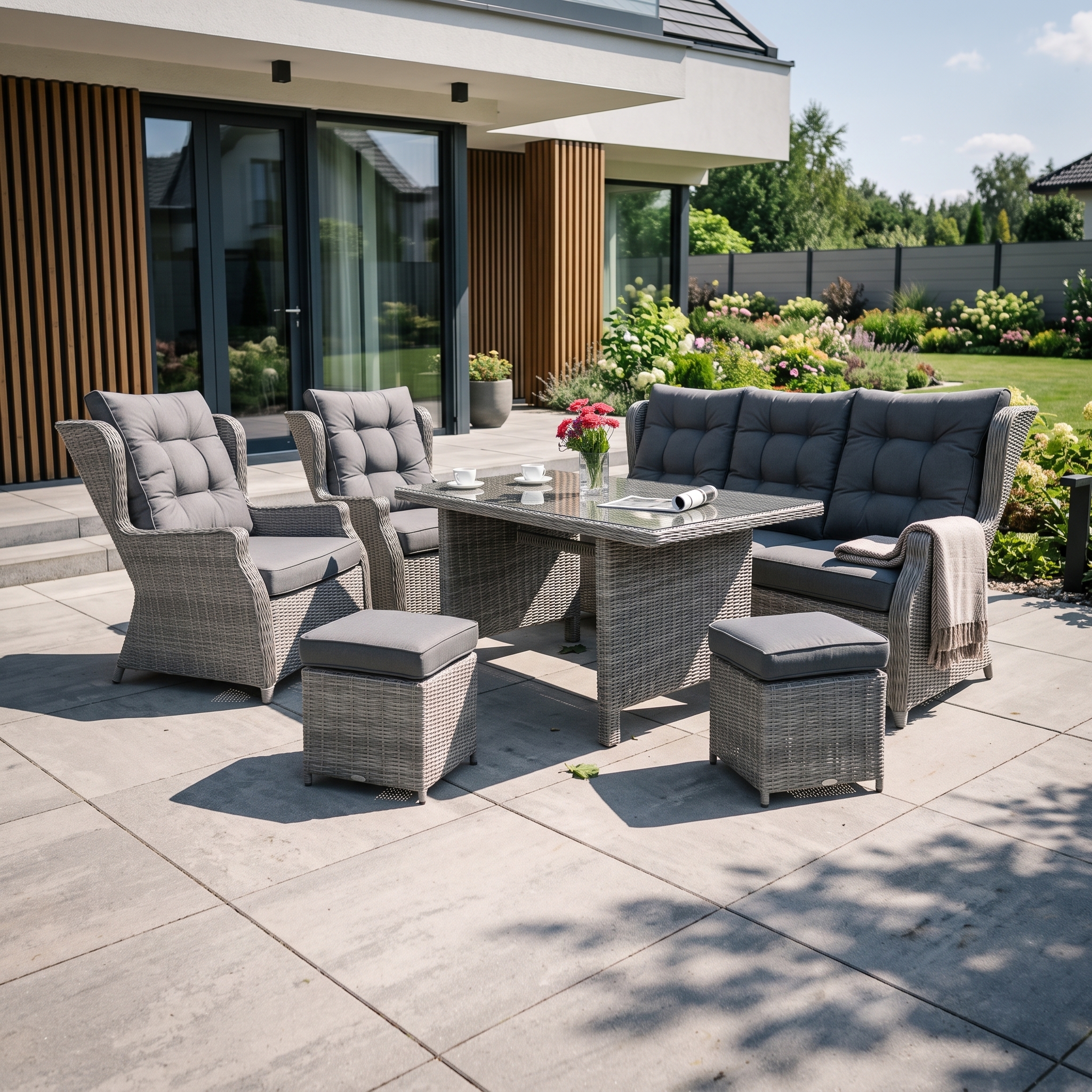 Meble technorattanowe TRIVENTO 3 DINING + PUFY Stone Grey - Bj&oslash;rkka &mdash; aranżacja