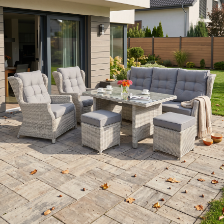 Meble technorattanowe TRIVENTO 3 DINING + PUFY White Grey - Bjørkka — aranżacja