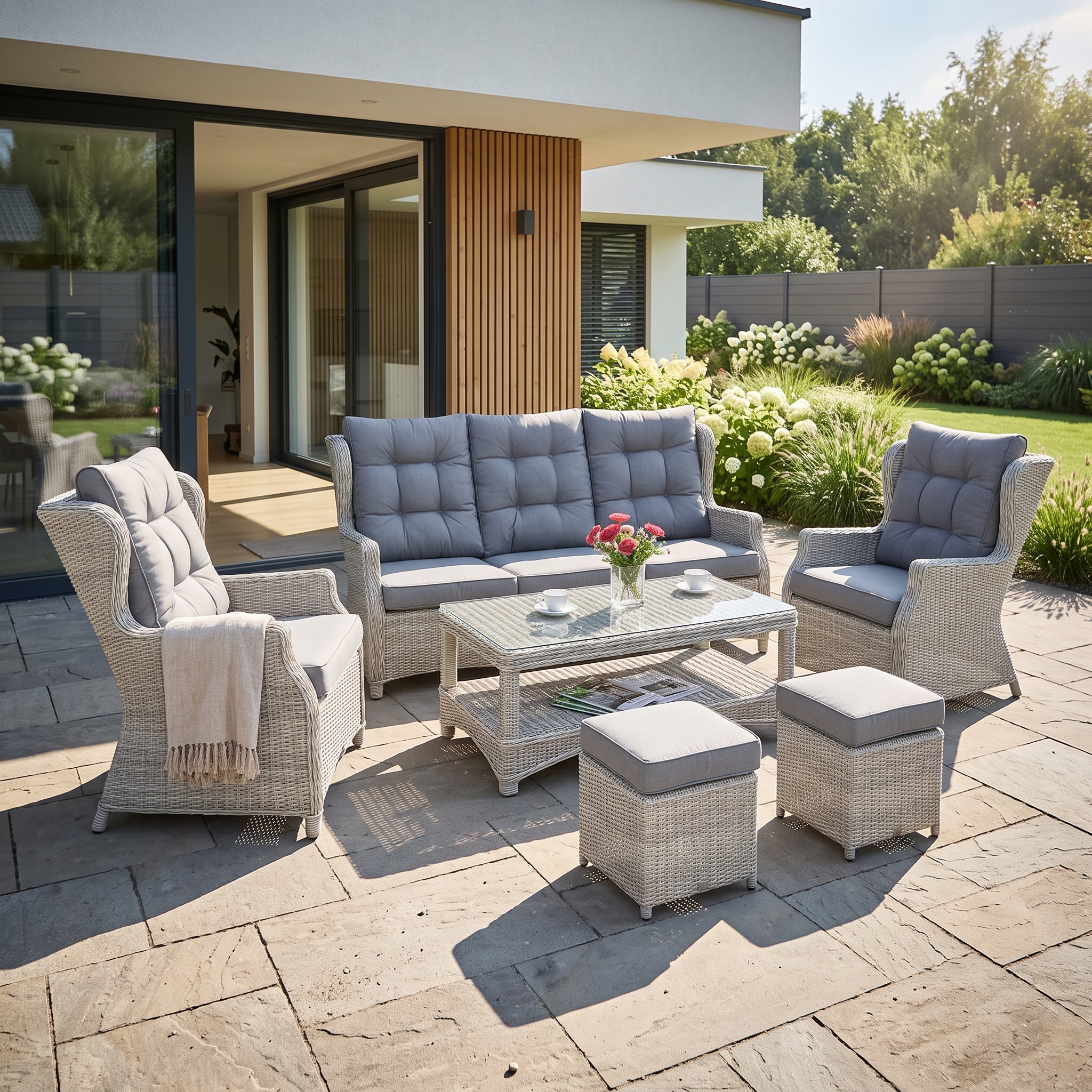 Meble technorattanowe TRIVENTO 3 + PUFY White Grey - Bjørkka  — aranżacja