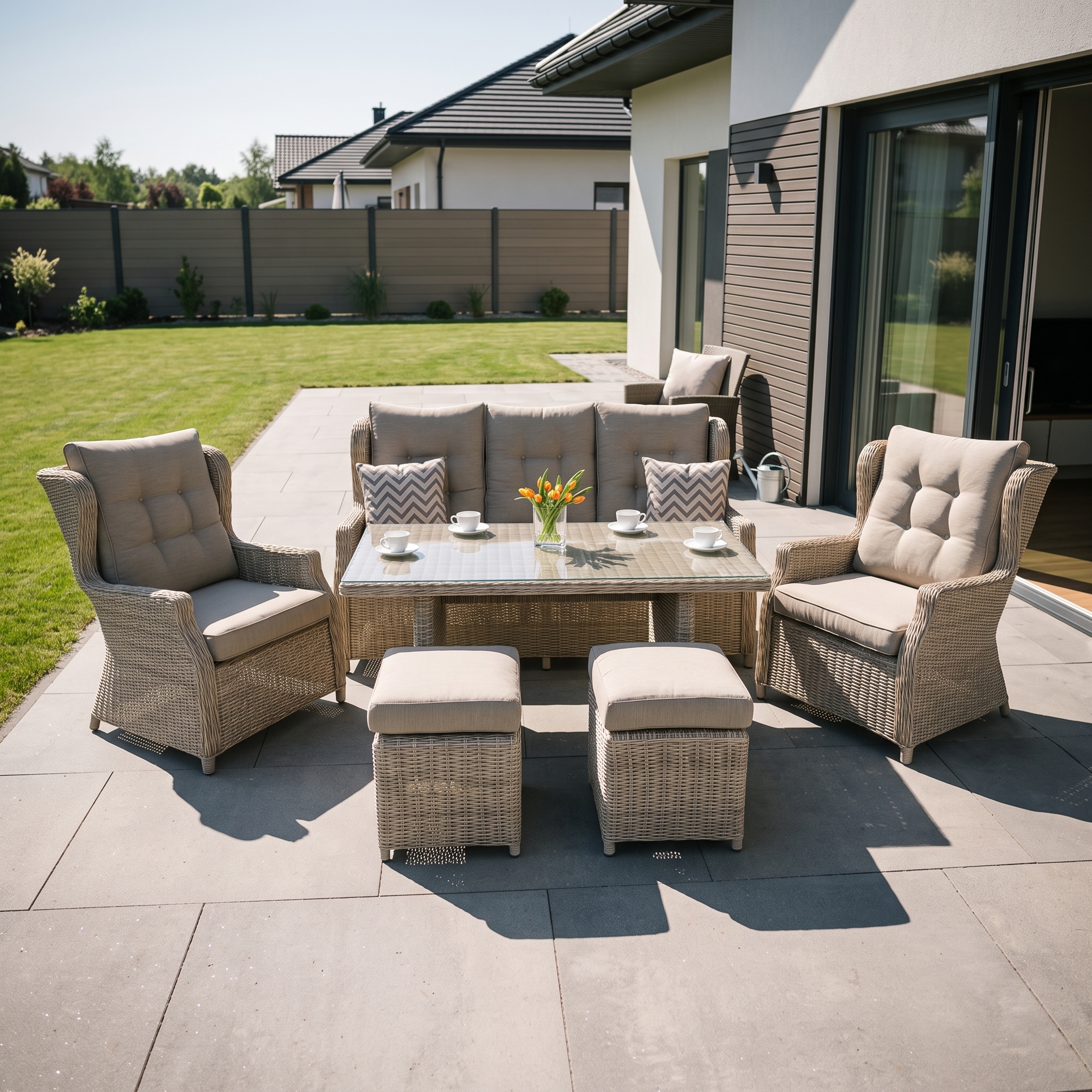 Meble technorattanowe TRIVENTO DINING 3 + PUFY Beige &mdash; aranżacja