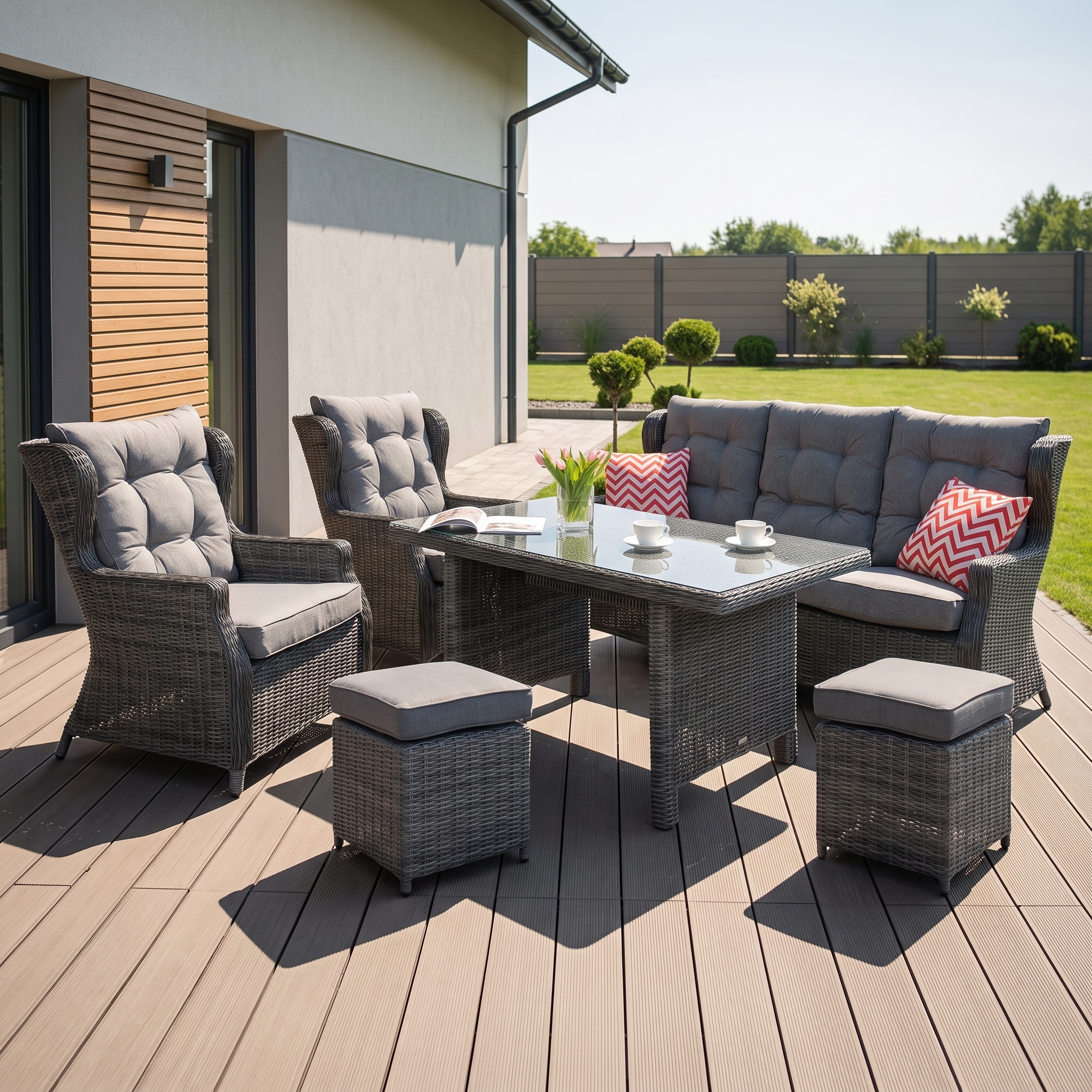 Meble technorattanowe TRIVENTO DINING 3 + PUFY Dark Grey &mdash; aranżacja