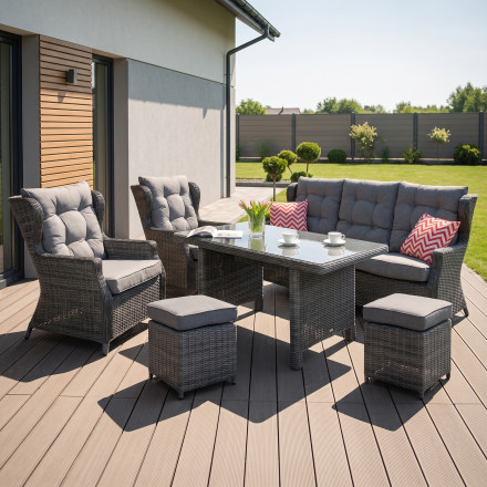 Meble technorattanowe TRIVENTO DINING 3 + PUFY Dark Grey — aranżacja