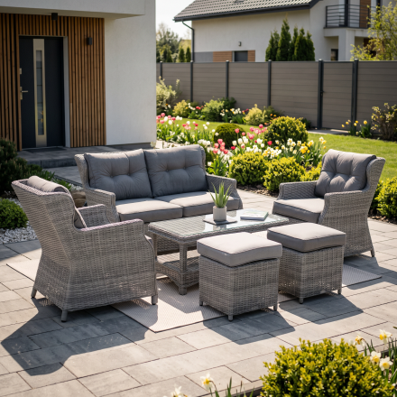 Meble z technorattanu TRIVENTO 2 + Pufy Stone Grey - Bjørkka — aranżacja