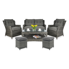 Komplet mebli z technorattanu TRIVENTO 2 w kolorze Dark Grey z dwiema pufami i szklanym stolikiem
