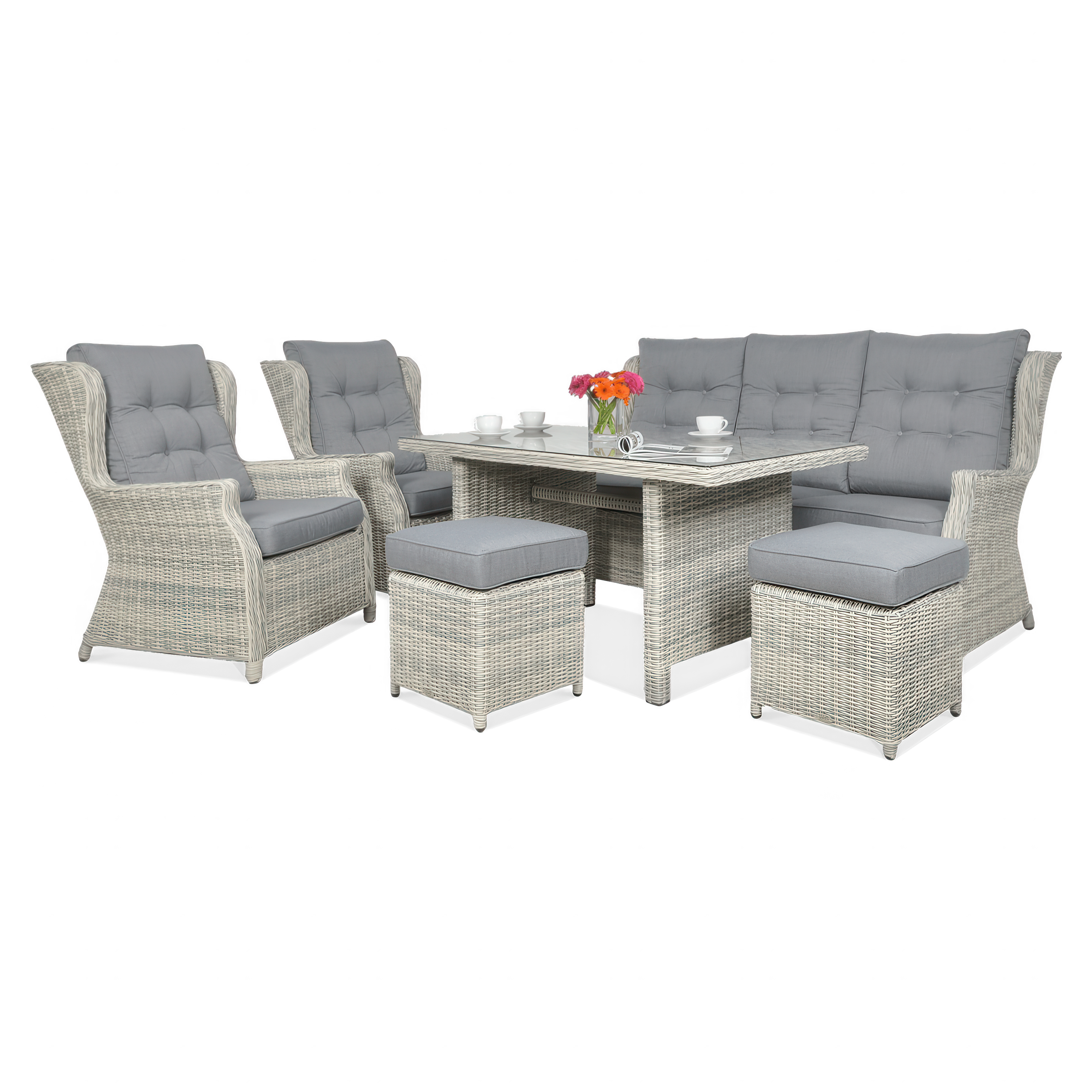 Meble technorattanowe TRIVENTO 3 DINING z pufami White Grey – zestaw 2 foteli, sofę, stół i 2 pufy z poduszkami