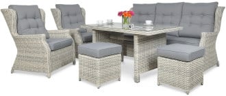 Zestaw mebli technorattanowych TRIVENTO 3 DINING + PUFY White Grey z szarymi poduchami i szklanym blatem