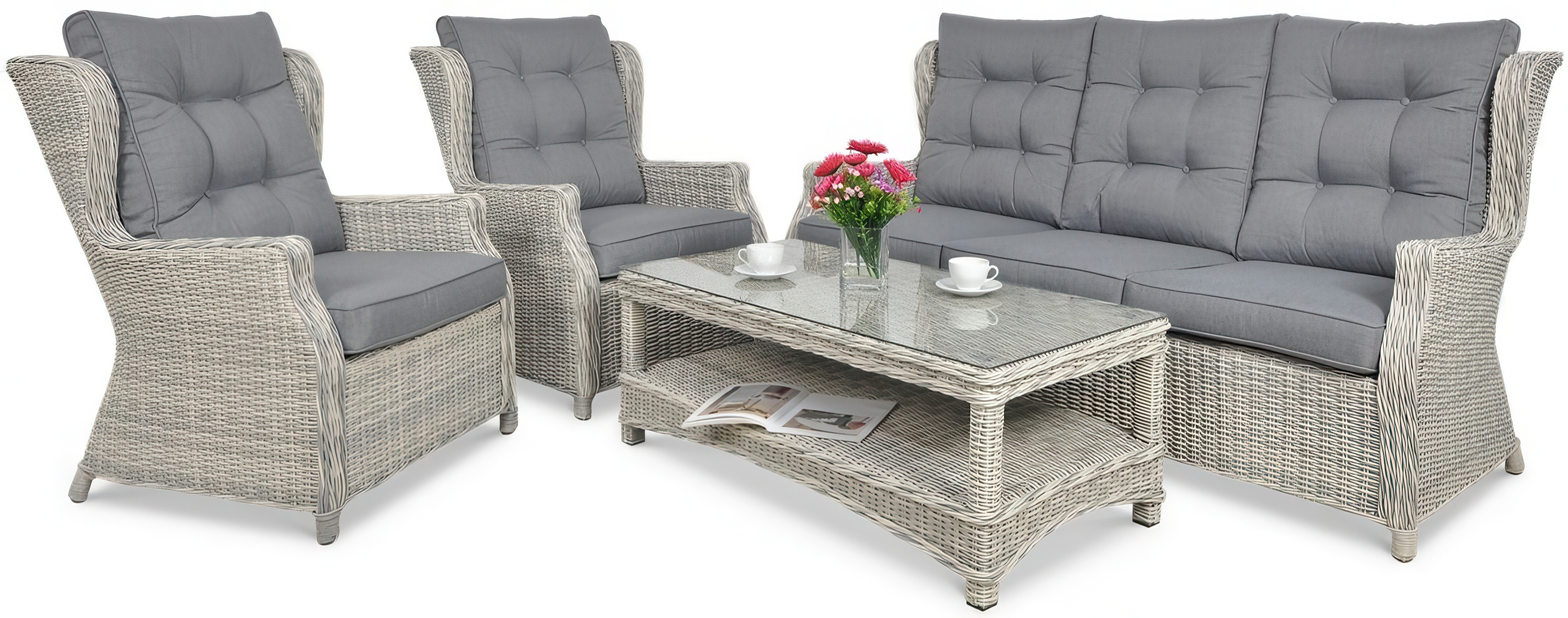Meble technorattanowe TRIVENTO 3 + PUFY White Grey - Focus Garden