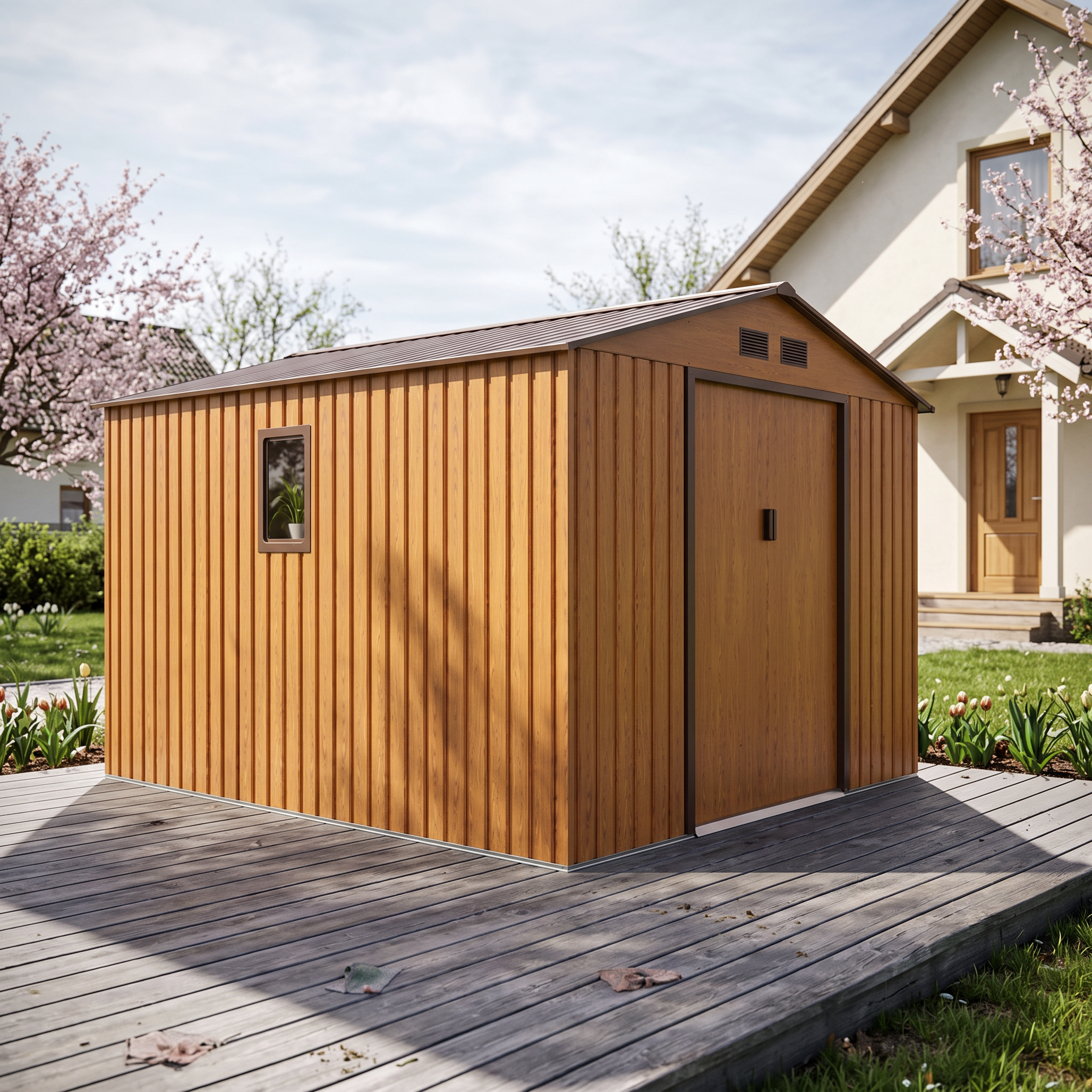 Metalowy domek narzędziowy HUDSON 277x319cm Oak Brown w ogrodzie na tle domu przy kwitnących drzewach