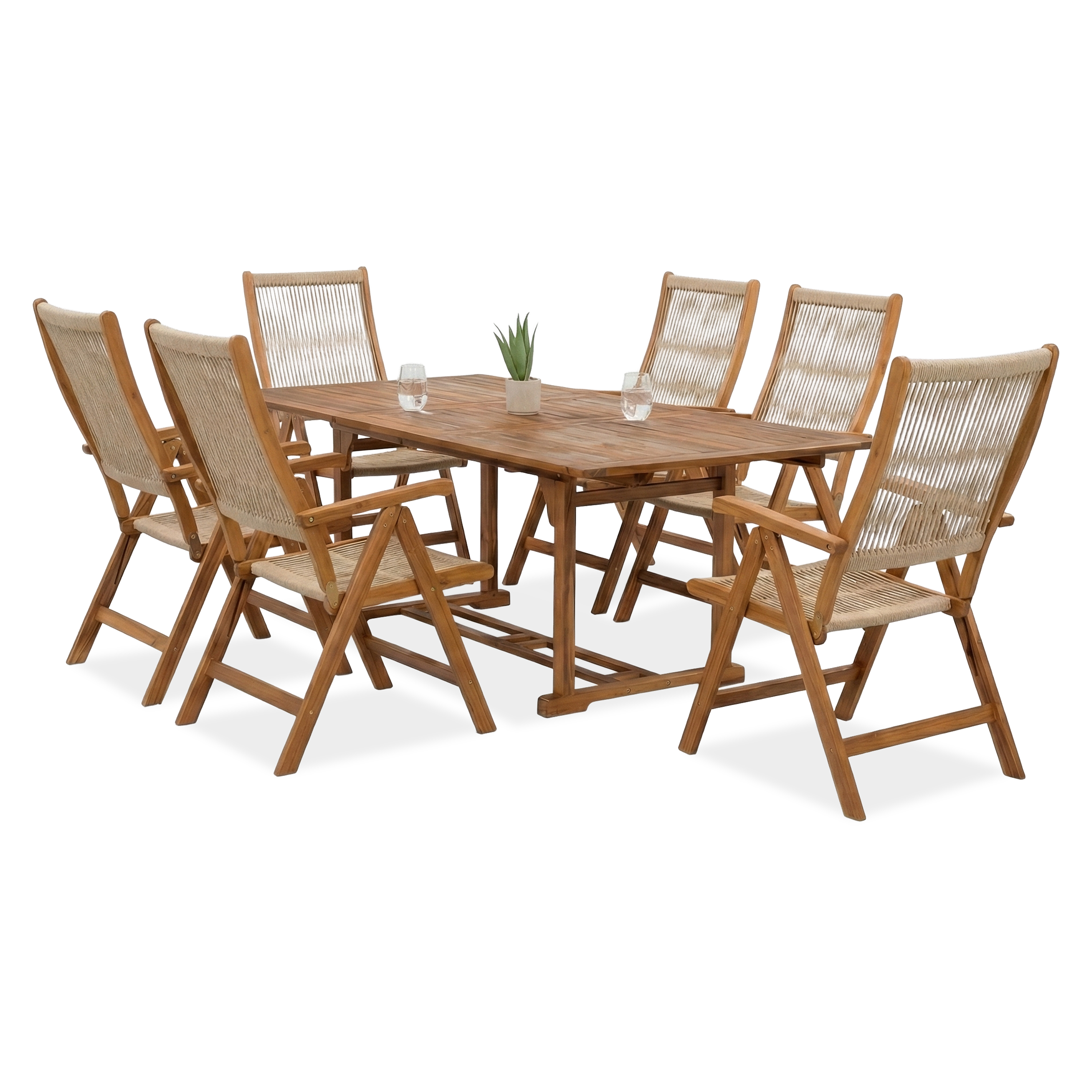 Komplet mebli drewnianych z krzesłami z regulacją oparcia do ogrodu AKADIA 200/6 + 1 - Bjørkka 